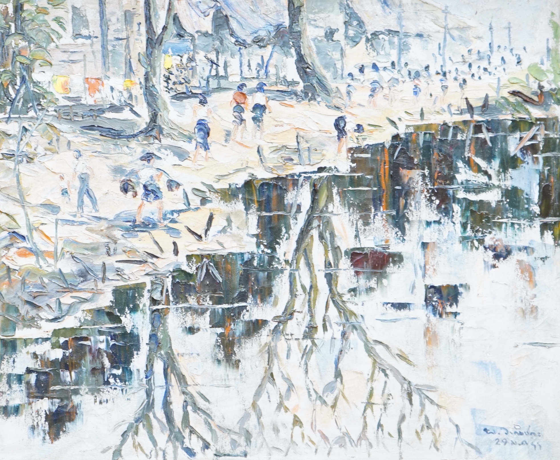 20th century Far Eastern School, oil on canvas, Village by a mountain with figures, indistinctly signed and dated, 59 x 49cm